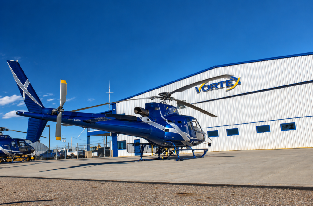 Vortex helicopter parked outside the Vortex hangar